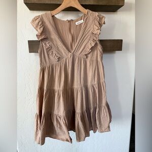 Millibon|Tan ruffled Sleeveless Tiered Dress in Brown/tan color,cottagecore boho